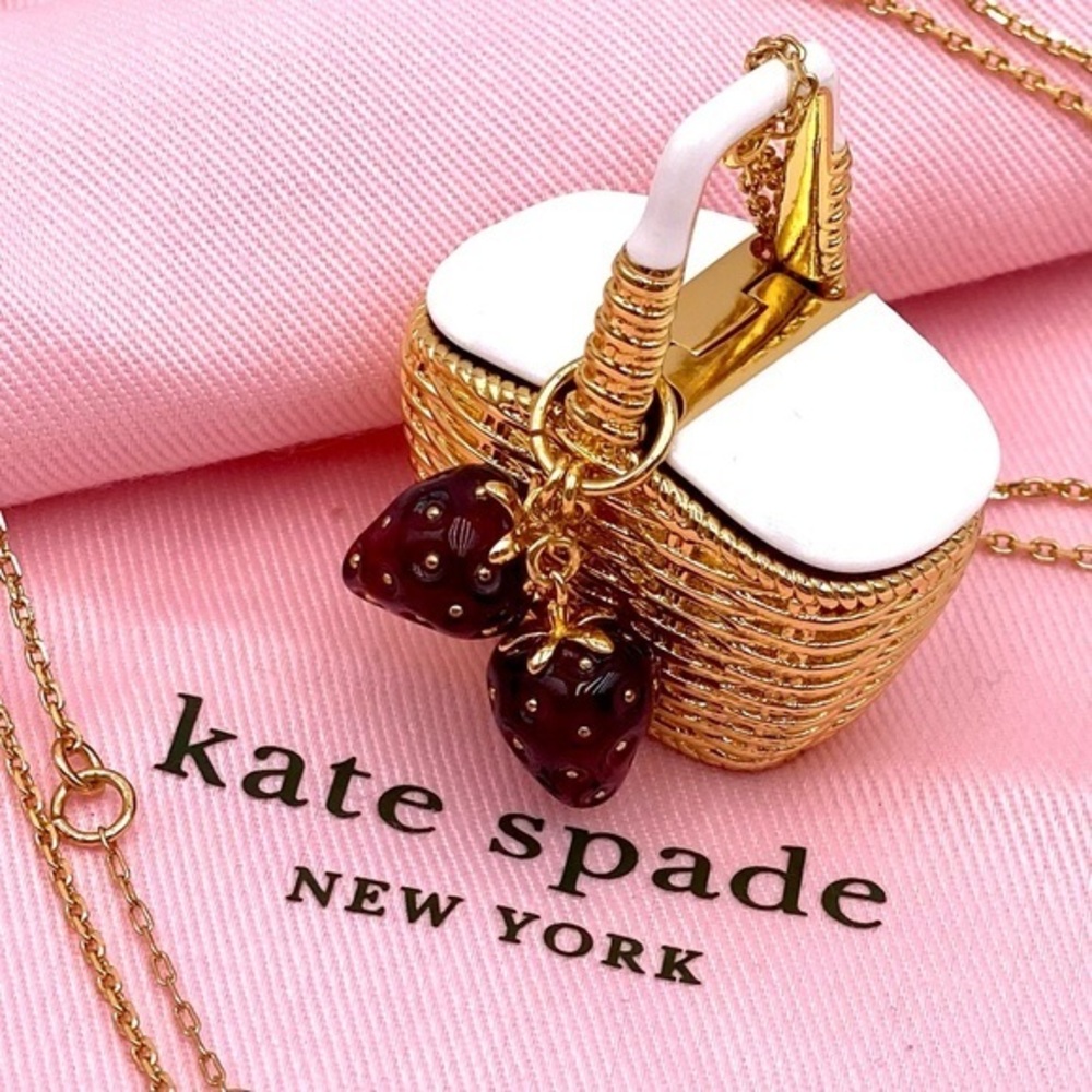 KATE SPADE  Gold Picnic Basket Strawberry Long Pendant Statement Necklace